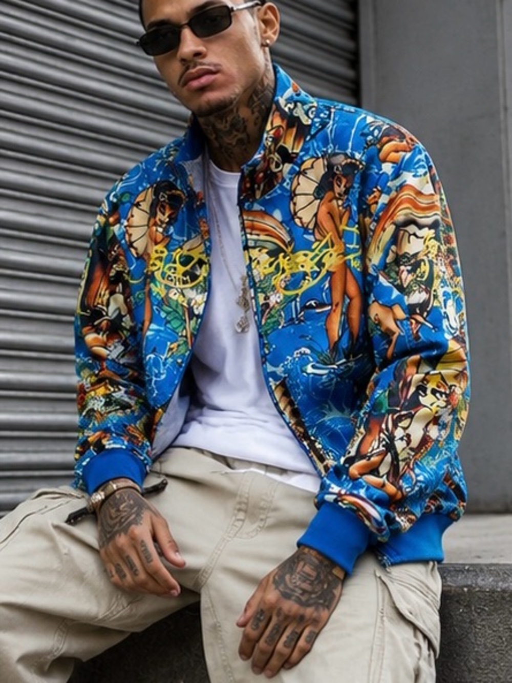 Vtg Ed Hardy All Over Print Geisha Tattoo Track Jacket Blue Y2K